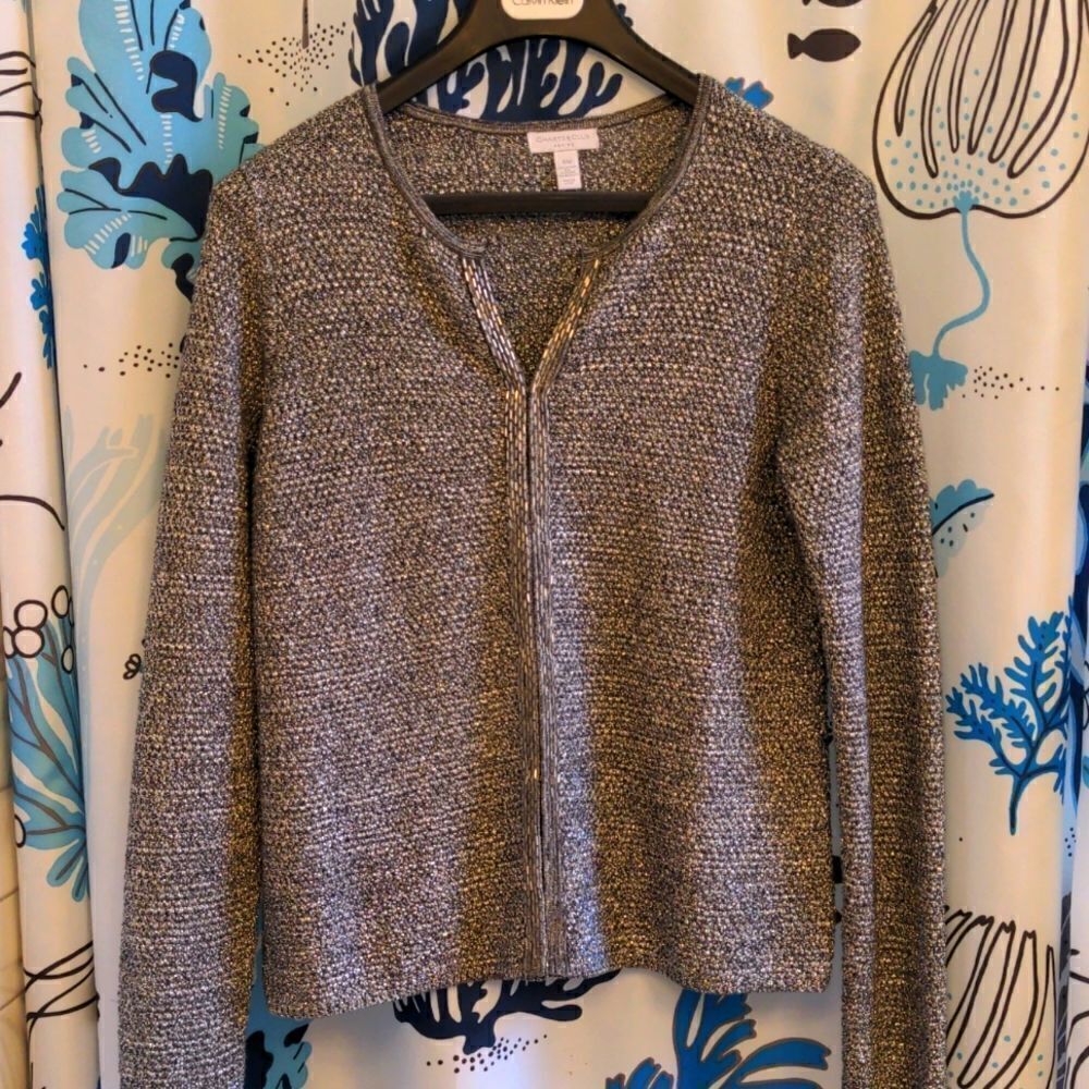 Charter Club Petite Silver Metallic Crochet Cardigan Sweater Size PM - Picture 1 of 11